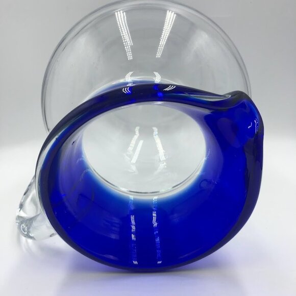 Cobalt Blue Rim Handblown Glass Pitcher Heavy Beverage Drinkware Serveware - Picture 3 of 9